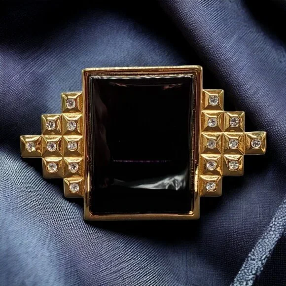 Vtg Signed SMB Art Deco Revival Brooch Sandra Miller Burrows Rhinestone Black - Picture 1 of 16